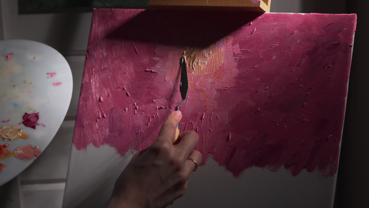 Palette Knife Carving Central Canvas Highlight And Scraping Textured Magenta Field To Reveal Lighter Tones . Media
