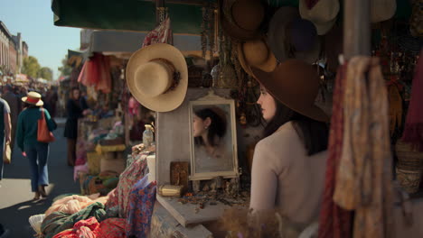 woman trying on hats at a bustling outdoor street market