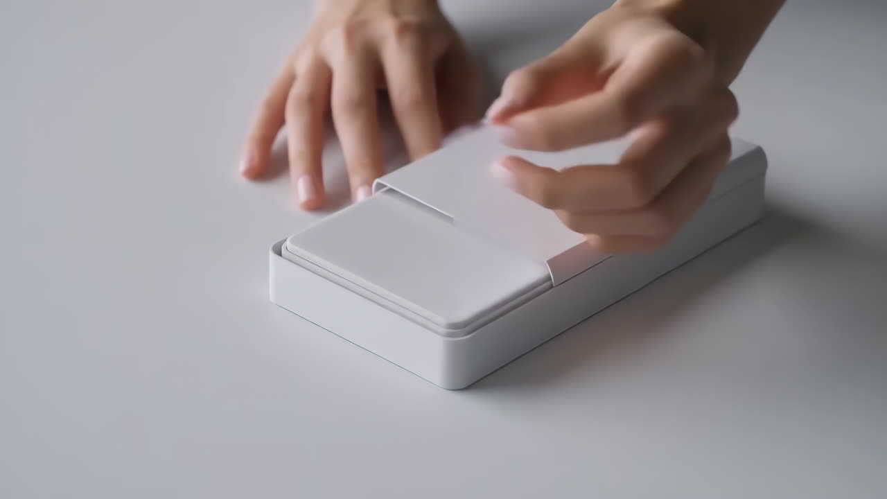 Hands removing cards from a white box