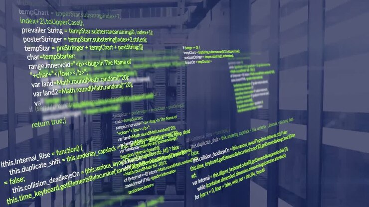Animazione di elaborazione dati e scie luminose in una sala server di computer.