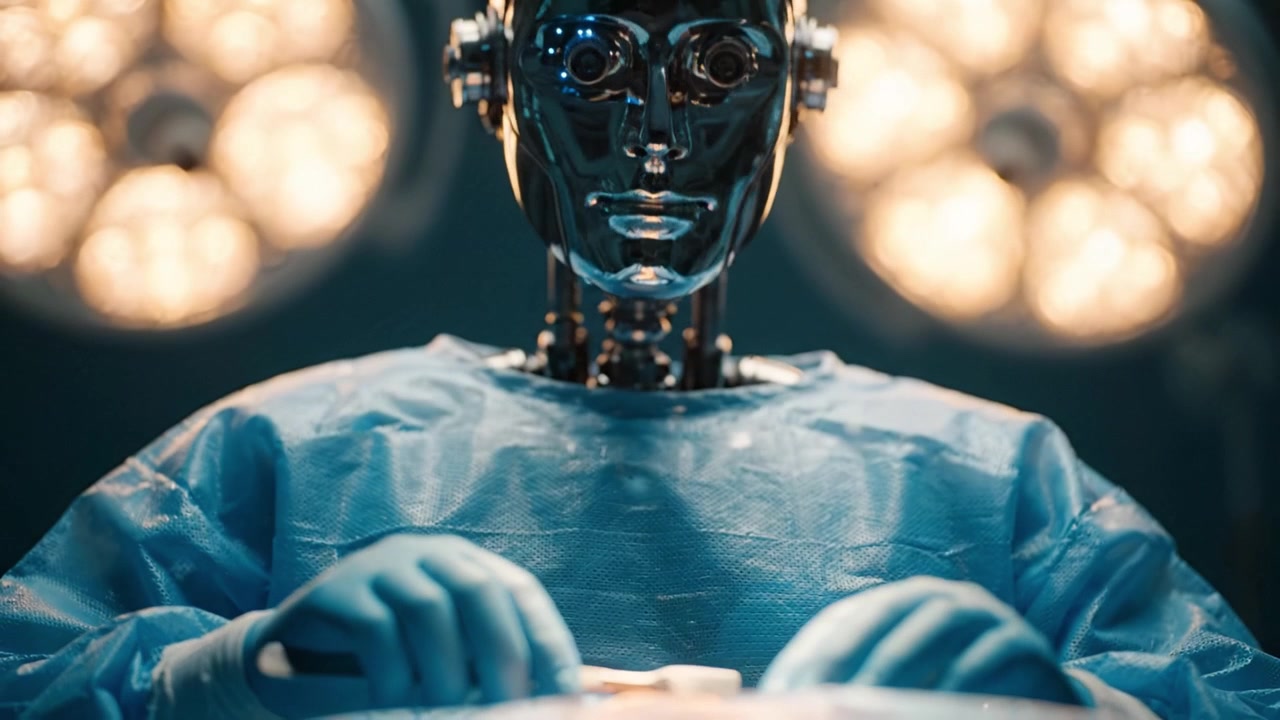 A robotic surgeon prepares for a complex procedure under the glowing surgical lights, showcasing advanced technology in the medical field and its potential innovations.