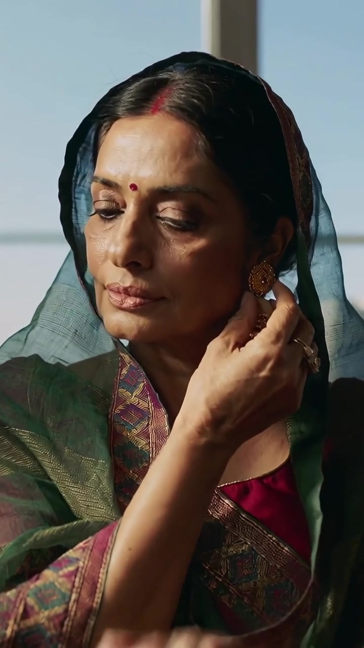Video verticale: Donna indiana che alza la mano, sistema orecchini jhumkas d'oro alla finestra e sistema un dupatta verde.