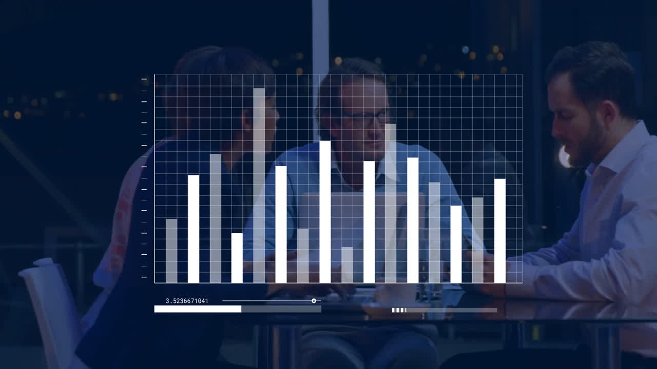 Business meeting with bar chart animation over people discussing at table