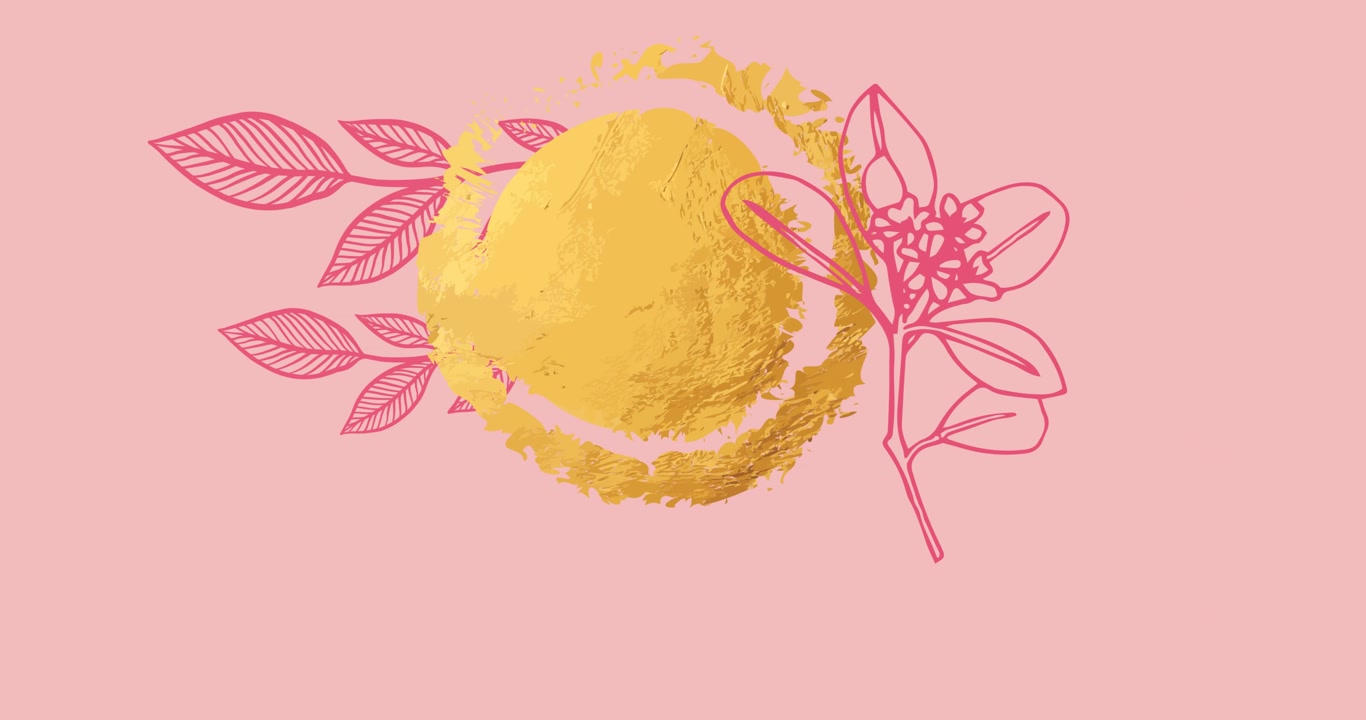 Animation of yellow pattern and pink flowers decoration on pink background