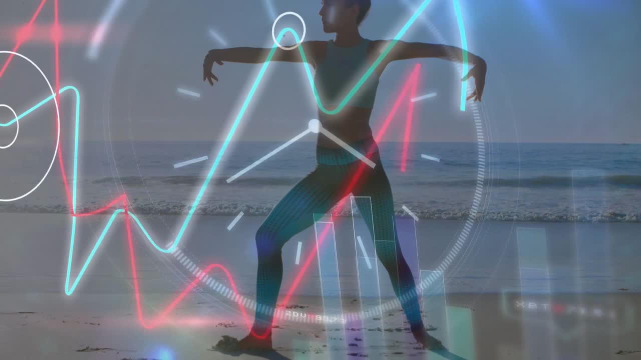 Silhouette of person exercising on beach with digital data overlay animation