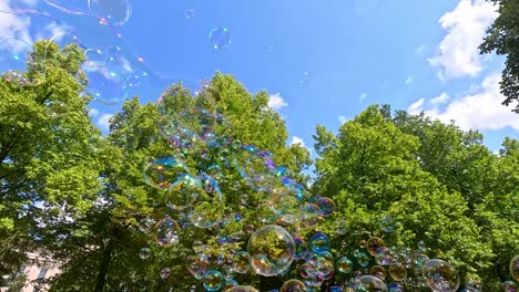 multiple iridescent soap bubbles drift upward against a backdrop of green trees and blue sky, captured in a wide, upward-facing shot with natural daylight