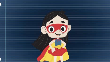 Animation-of-girl-wearing-super-hero-mask-and-clothes-over-white-lines-against-blue-background