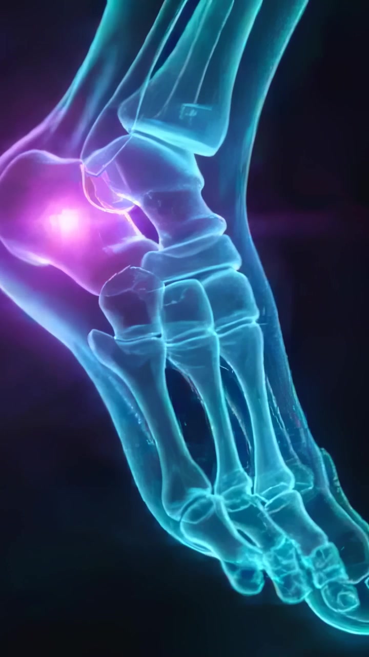 Vertical video: Animation starting rotating cyan foot bones purple ankle-pulse at talus for exam