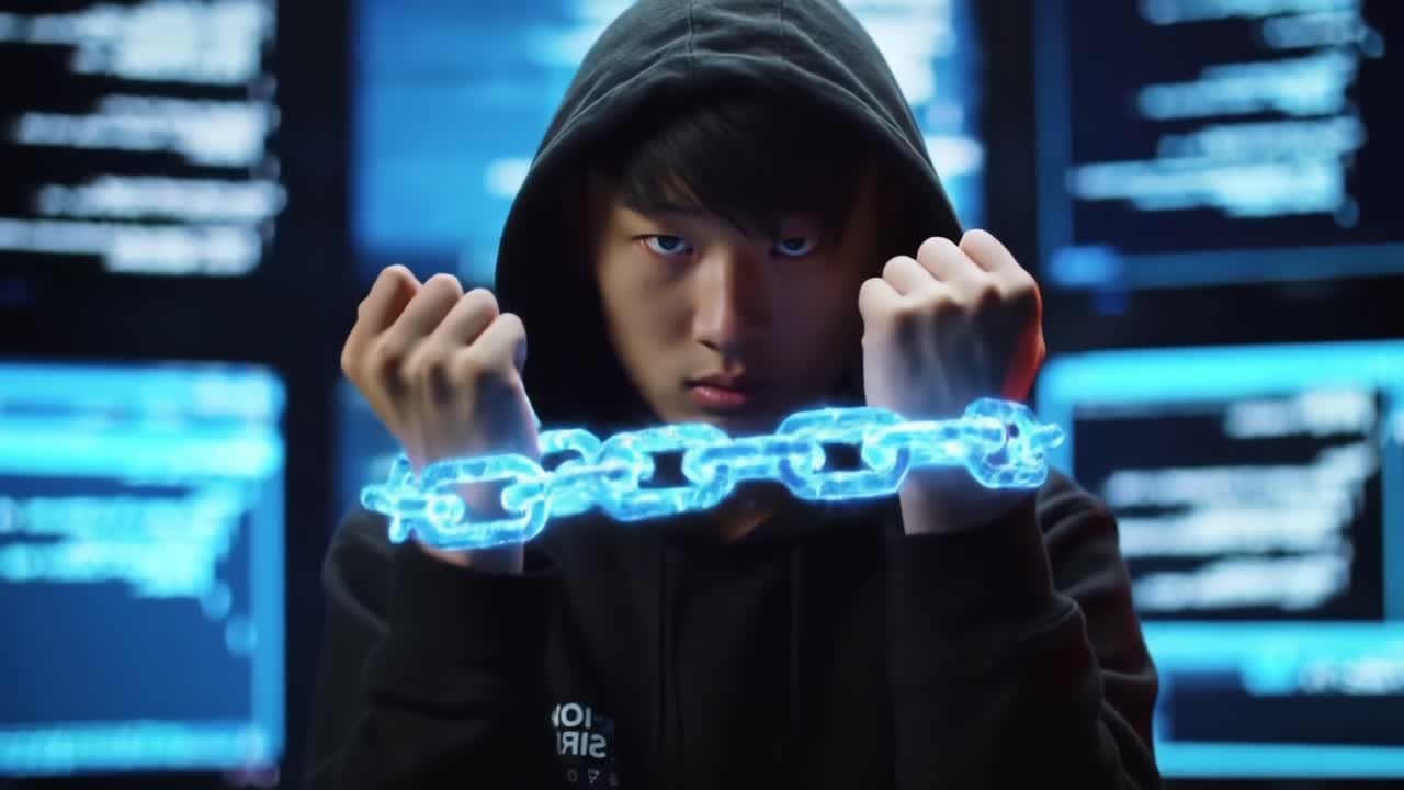 A Mysterious Figure in a Dark Hoodie Surrounded by Digital Screens, Bound by Glowing Chains, Represents Themes of Confinement and Cybersecurity Challenges