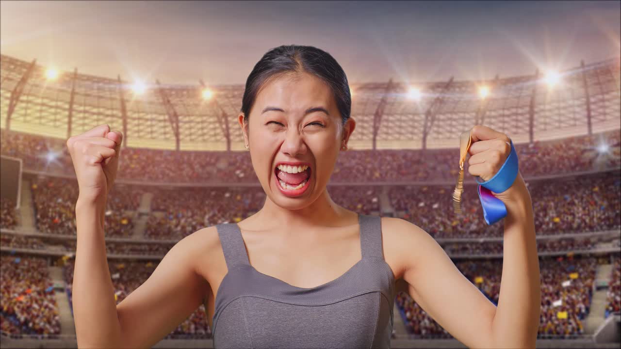 Woman Celebrating Victory with Gold Medal in a Stadium