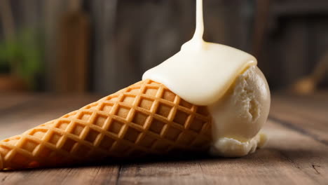 melting vanilla ice cream cone on wooden surface