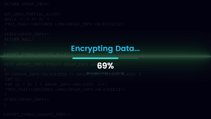 Encrypting data with running code animation featuring cyber security decryption process