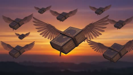 flying books with wings against a beautiful sunset sky - a captivating visual representation of knowledge and imagination taking flight into the horizon
