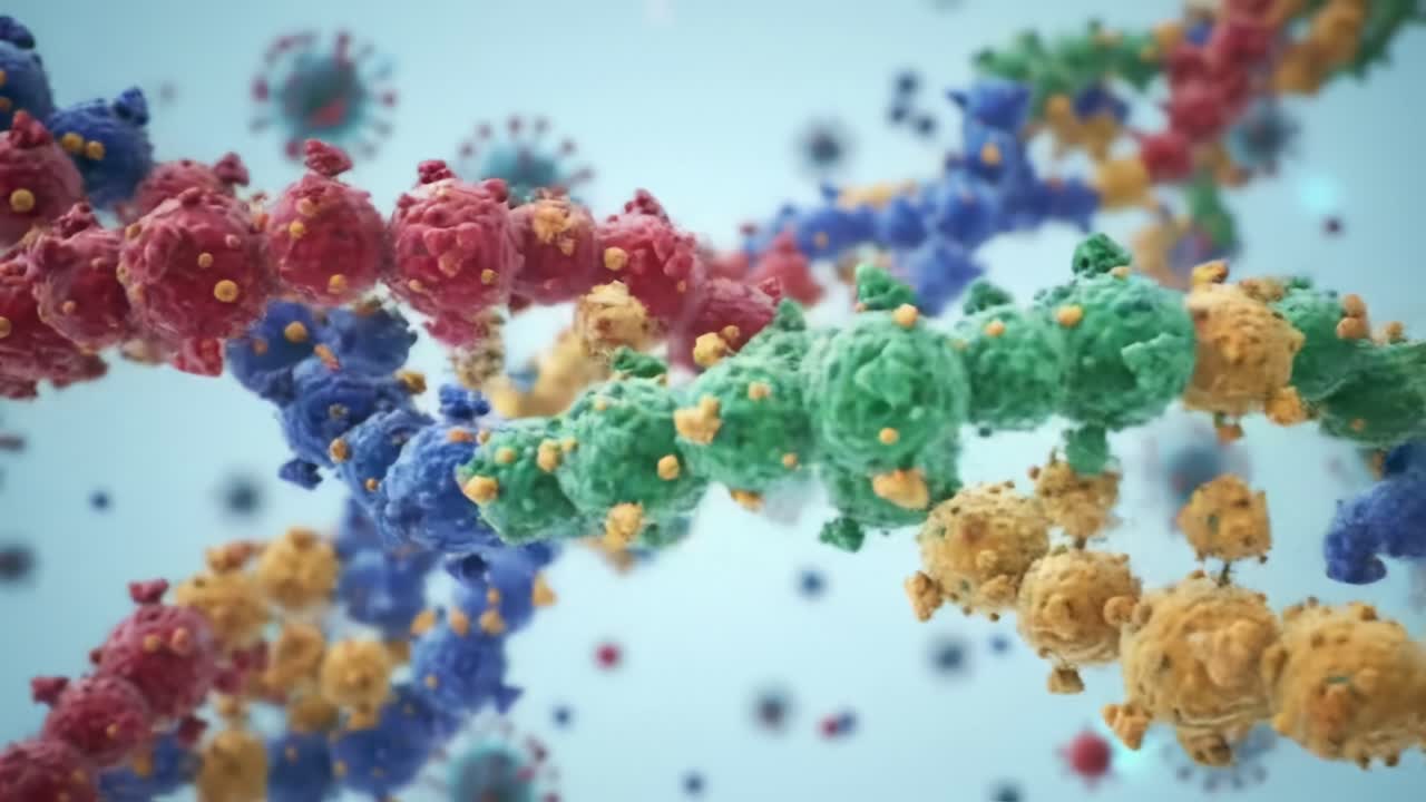 Vibrant Molecular Structures Intertwined: A Stunning Visualization of Genetic Material and Complex Biological Components in Motion