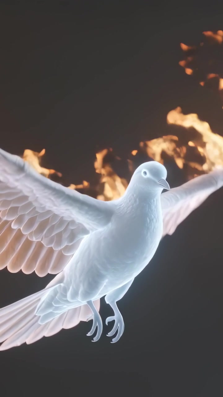 Video verticale: Avvio della riproduzione di una colomba luminosa che spiega le ali nel vuoto oscuro, rivelando punte di fiamma.