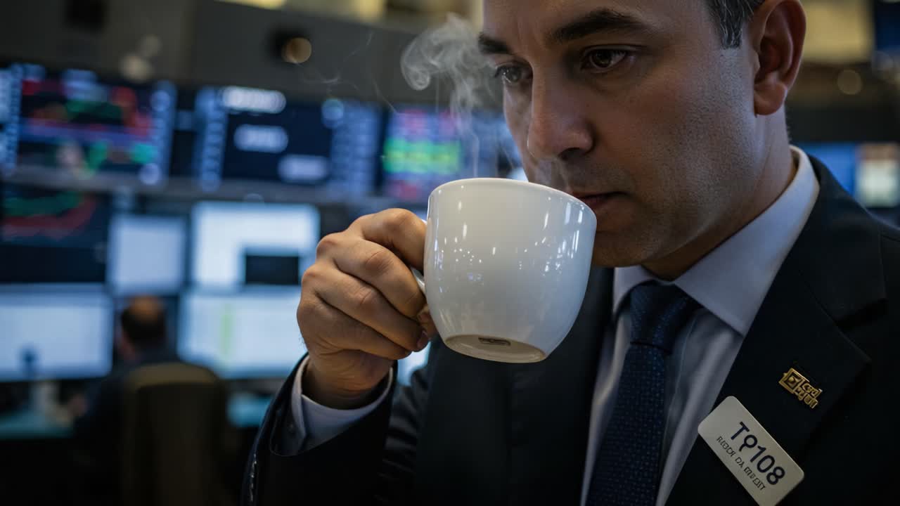 A Focused Trader Enjoys a Warm Beverage While Analyzing Market Trends in a Busy Finance Office Environment