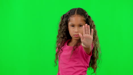 Stop-hand,-child-portrait-and-green-screen