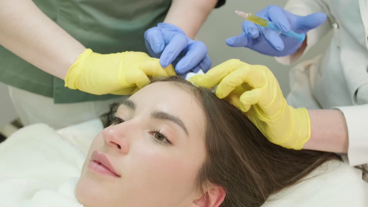 tratamiento con plasma del cuero cabelludo. procedimiento de mesoterapia capilar en la clínica de cosmetología moderna