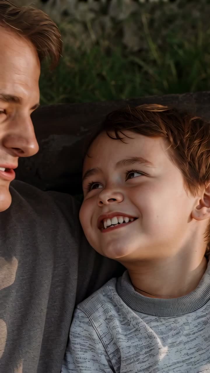 Video verticale: Padre e figlio che parlano e si scambiano sorrisi su una panca di legno, indossano camicie grigie e rafforzano il loro legame.