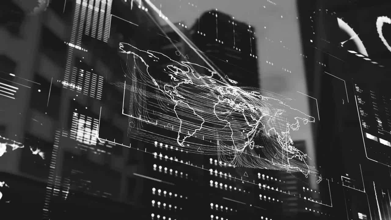 Digital interface with data processing against against tall buildings in background