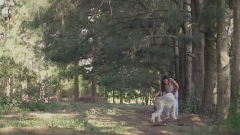 young woman playing with her dog outdoors