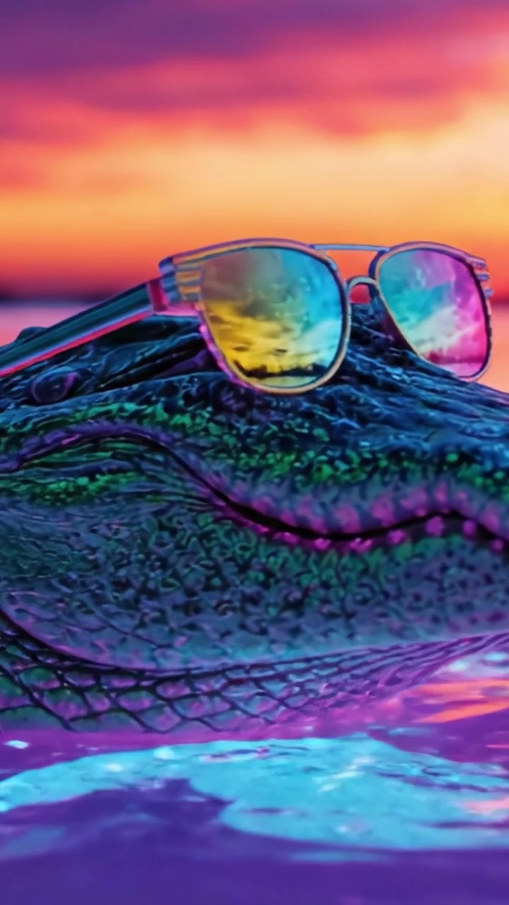En sej alligator slapper af i farverigt vand ved solnedgang, iført stilfulde solbriller og omgivet af smukke skumringsfarver.