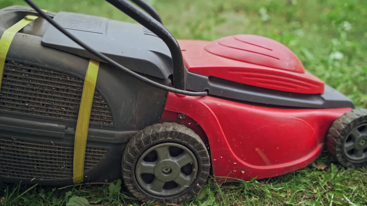 Electric lawn mower trimming grass in the garden. Summer works in the yard. Process of cutting grass outdoors.