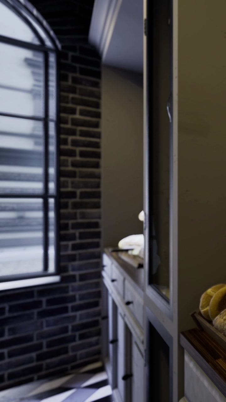 Janela iluminada em uma cozinha com frutas na bancada e piso de azulejos