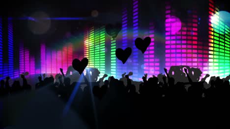 Animation-of-falling-hearts-over-dancing-people-and-lights