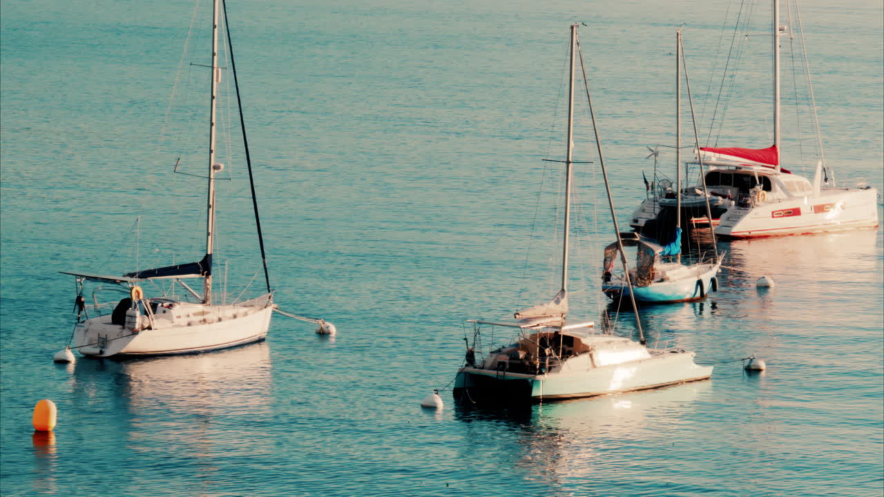 Small boats docked on the sea in Ligurian Sea in Villefranche-sur-Mer, France