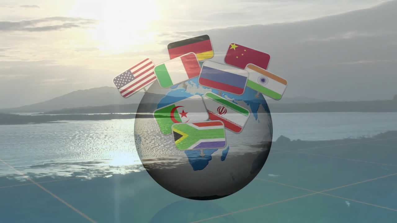 Digital 3D globe spinning above grid, showing floating country flag icons over lakeside sunrise