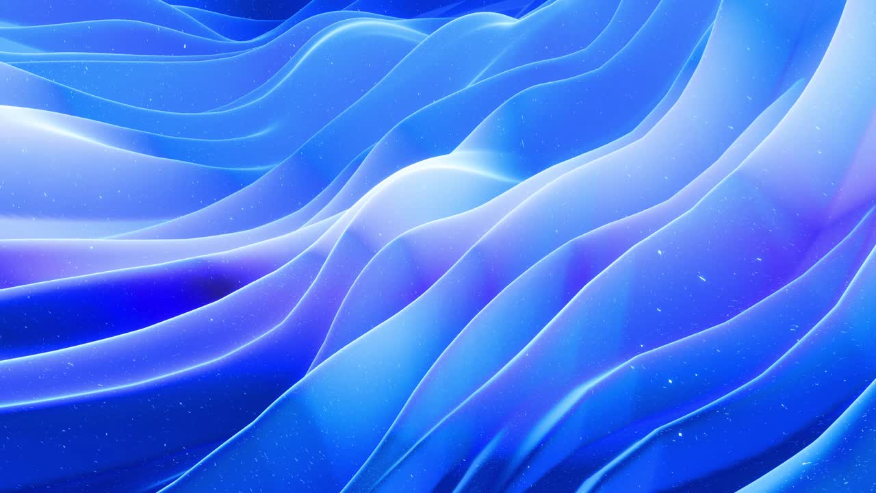 Abstract waves of soft blue matte material with light inner glow and glitters on morphing surface. Abstract geometric surface like landscape or terrain, extrude or displace 3d noise. Loop 4k