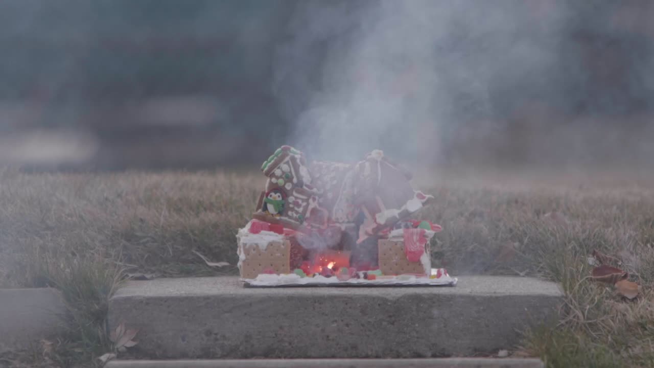 A Christmas ginger bread and graham cracker house or decoration has a large fire cracker or M 80 lit below it as it burns if finally explodes in slow motion!