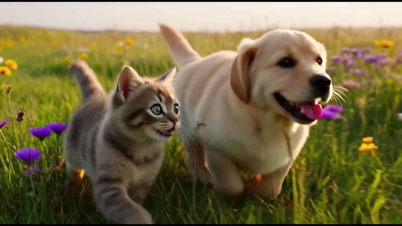 Cachorrinho e gatinho fofos correndo juntos em um prado florido