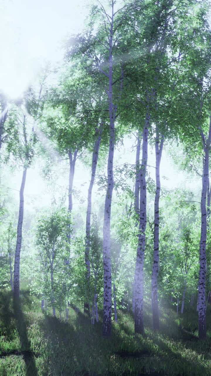 조용한 숲 속 의 울창 한 나무 들 을 통해 빛 이 필터링 된다