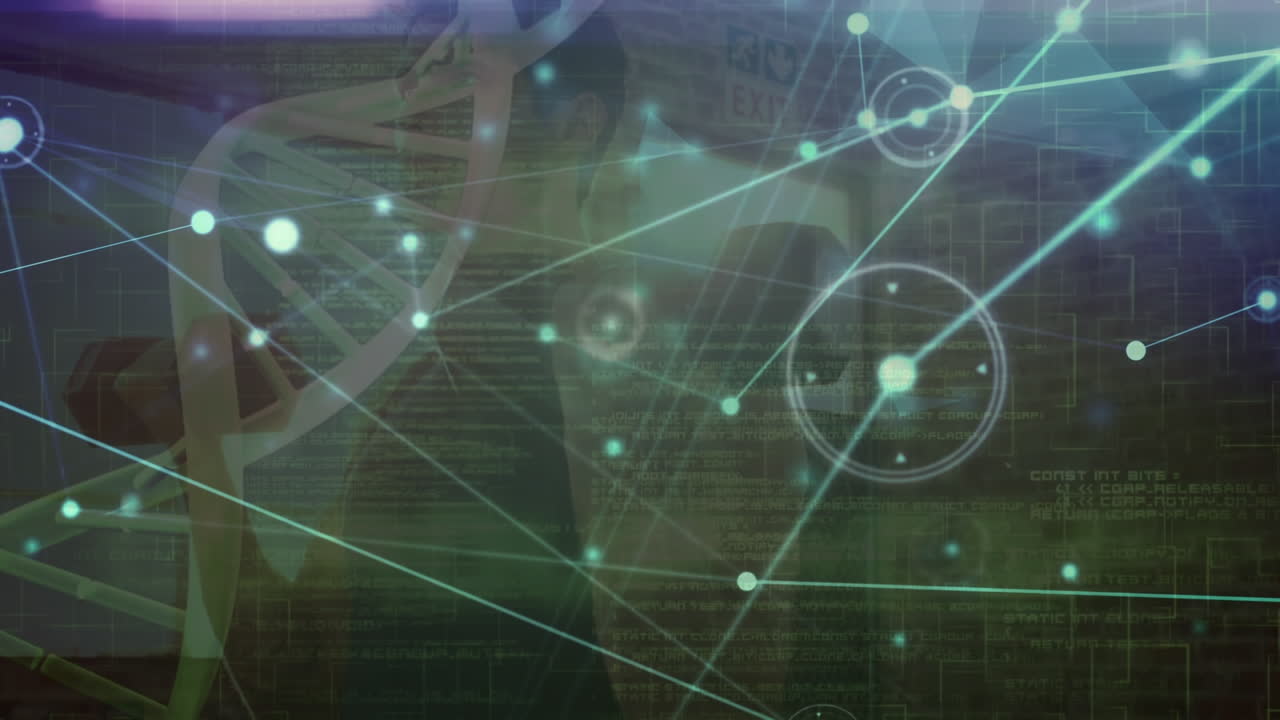 video compuesto de la estructura del adn y la creación de redes con el hombre haciendo ejercicio en el fondo