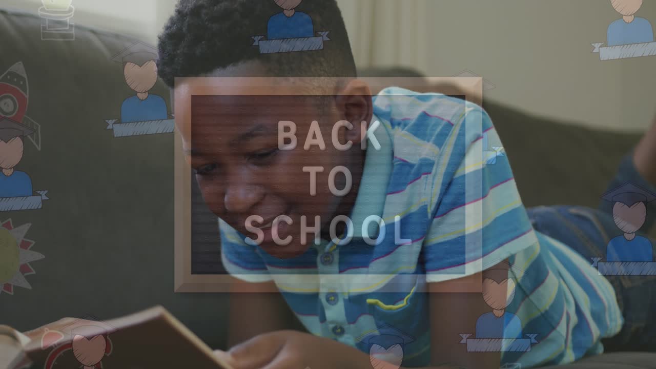 Animation of back to school text over african american boy reading