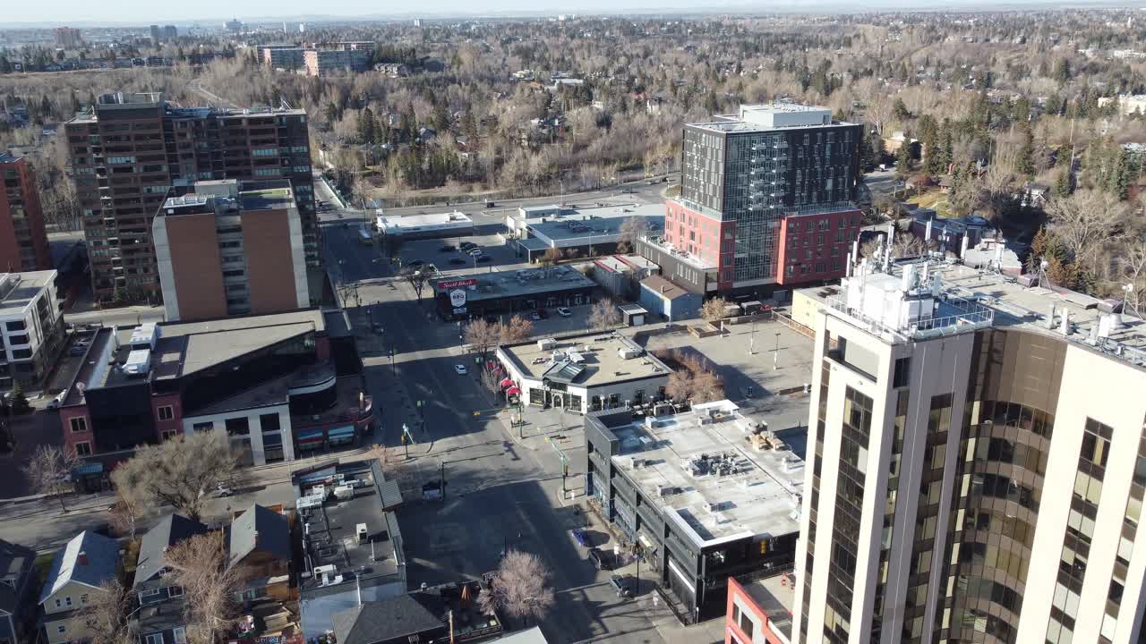Aerial view of Calgary's inner-city neighbourhood of Mission on an early spring morning