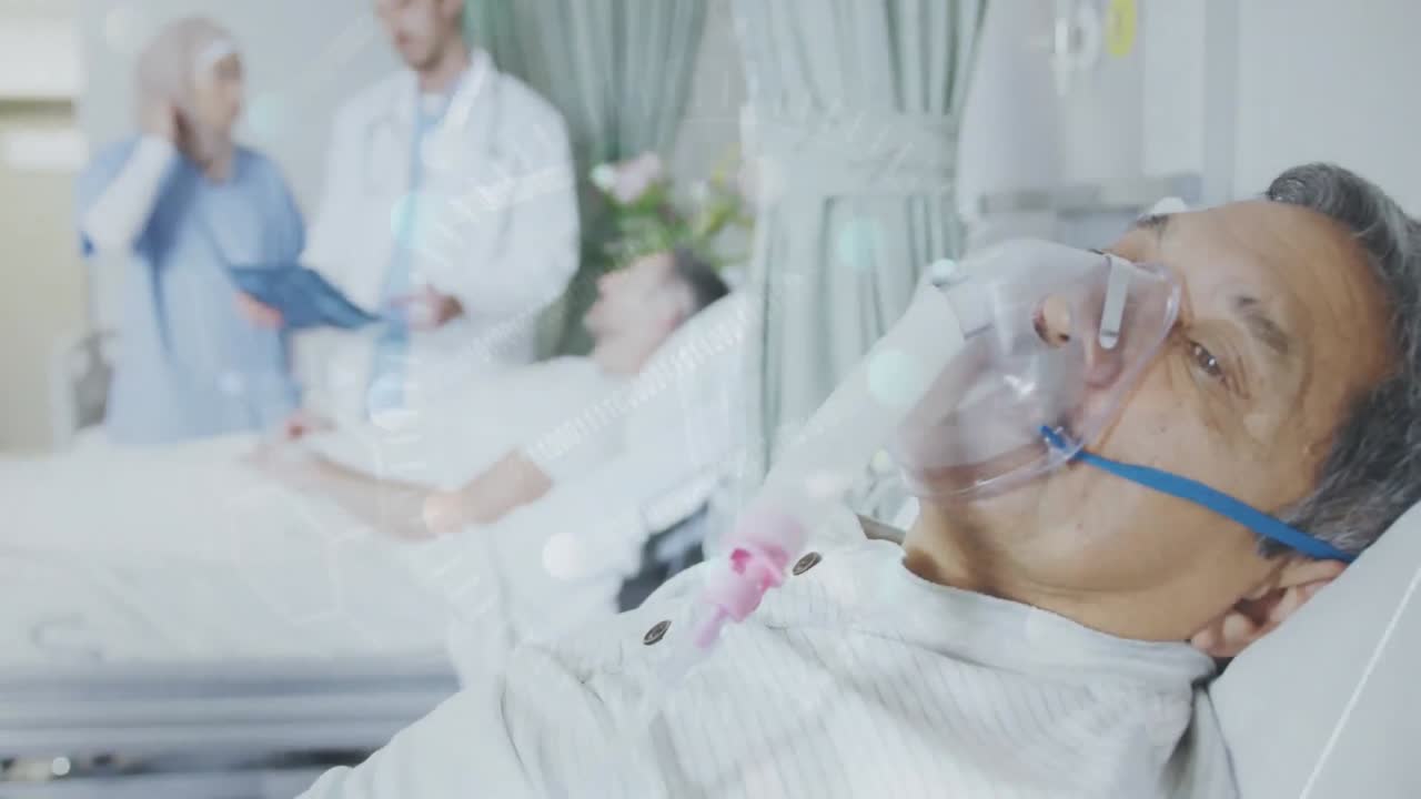 animación del procesamiento de datos y las conexiones sobre un paciente masculino biracial con máscara de oxígeno