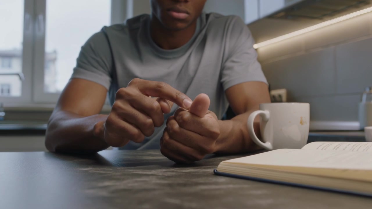 Bringing hands forward, man in gray tee removing rough thumbnail edge at kitchen counter, with mug