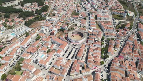 Flying-over-Nazare-city-and-bullring-Praça-de-Touros-in-Portugal