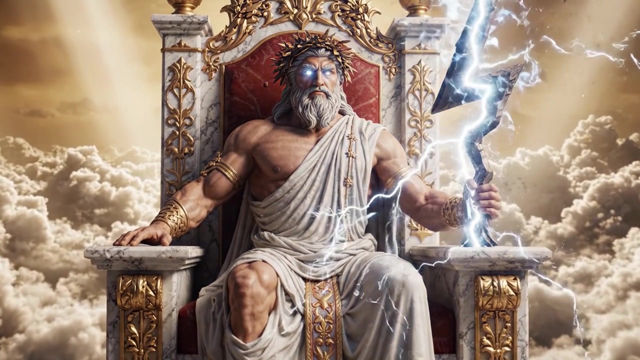 Representação Majestosa de uma Divindade Poderosa em Seu Trono, Comandando os Céus com Autoridade e Força, Rodeada por Nuvens Etéreas e Raios de Luz Dramáticos