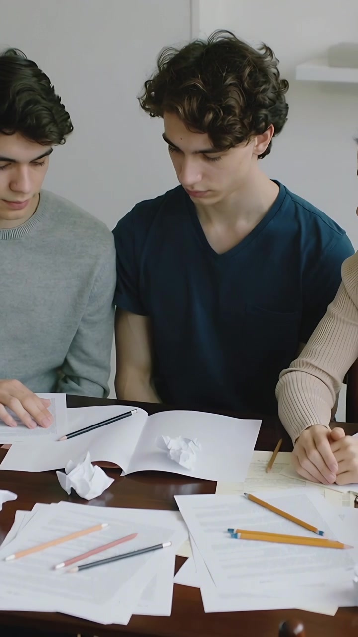Vertical video: Pointing left peer guiding main student reviewing papers at study desk with pencils