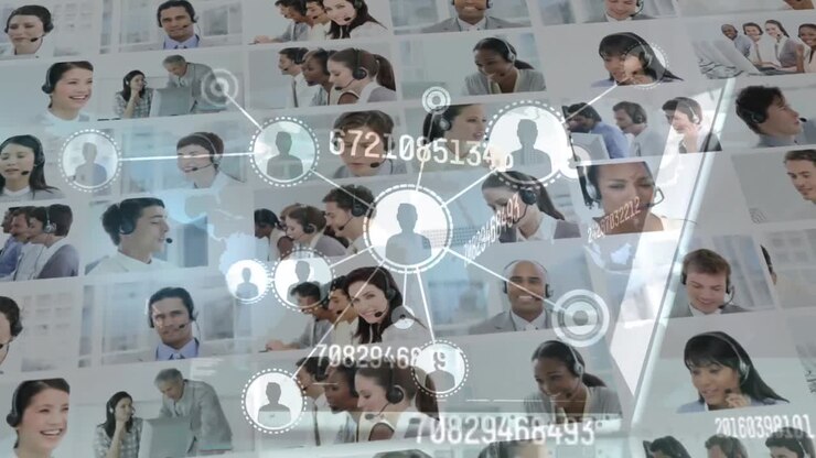 Animation of networks of connections with icons over business people wearing phone headsets