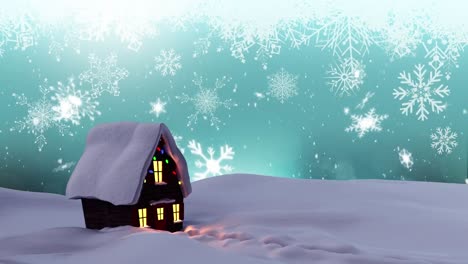 Animation-of-snow-falling-over-house-on-green-background-at-christmas