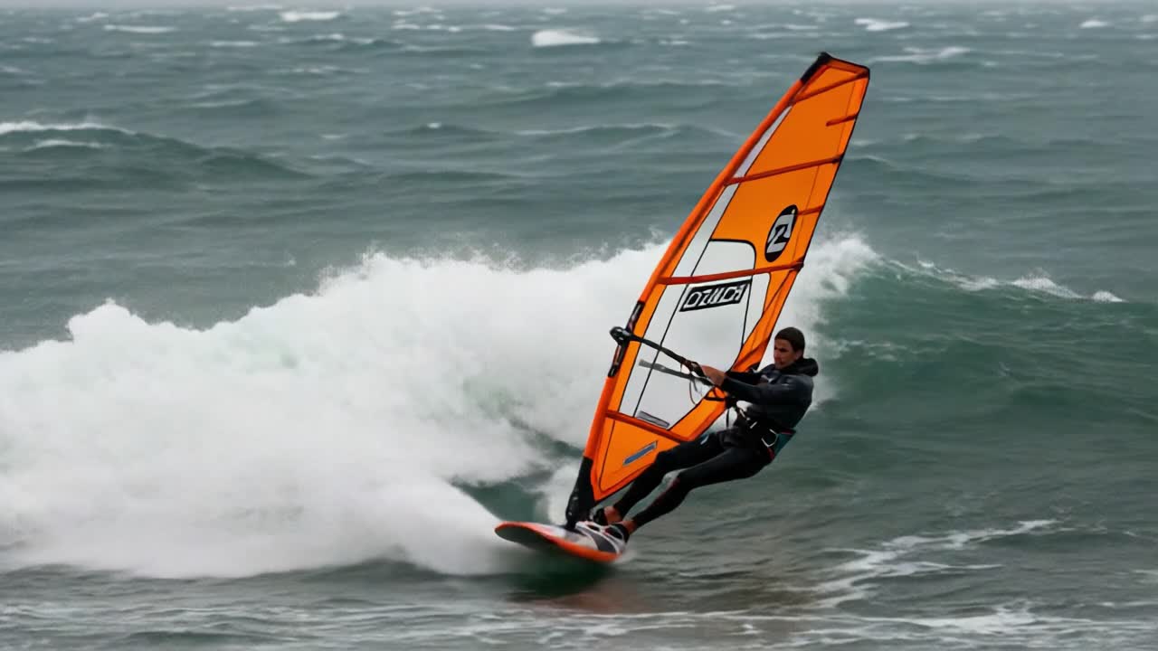 Windsurfing action on a wavy ocean