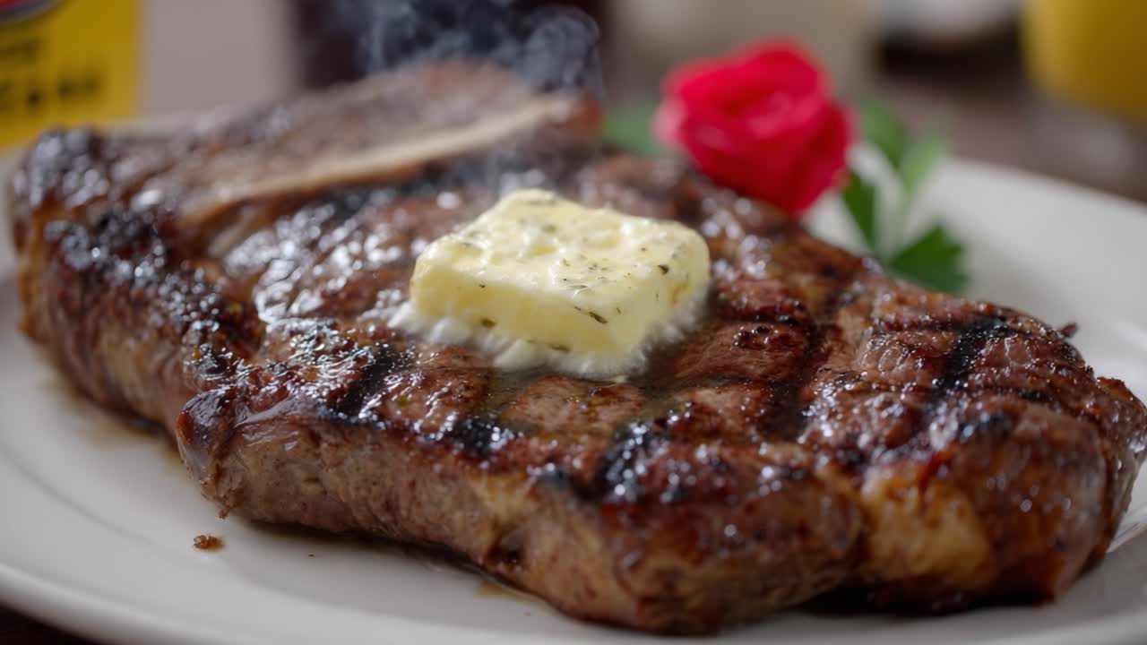 Juicy Grilled Steak with Melted Butter Garnish, Perfectly Cooked to Perfection, Surrounded by a Stunning Rose, Capturing the Essence of Culinary Excellence
