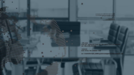 animation of spinning globe and data processing against empty office