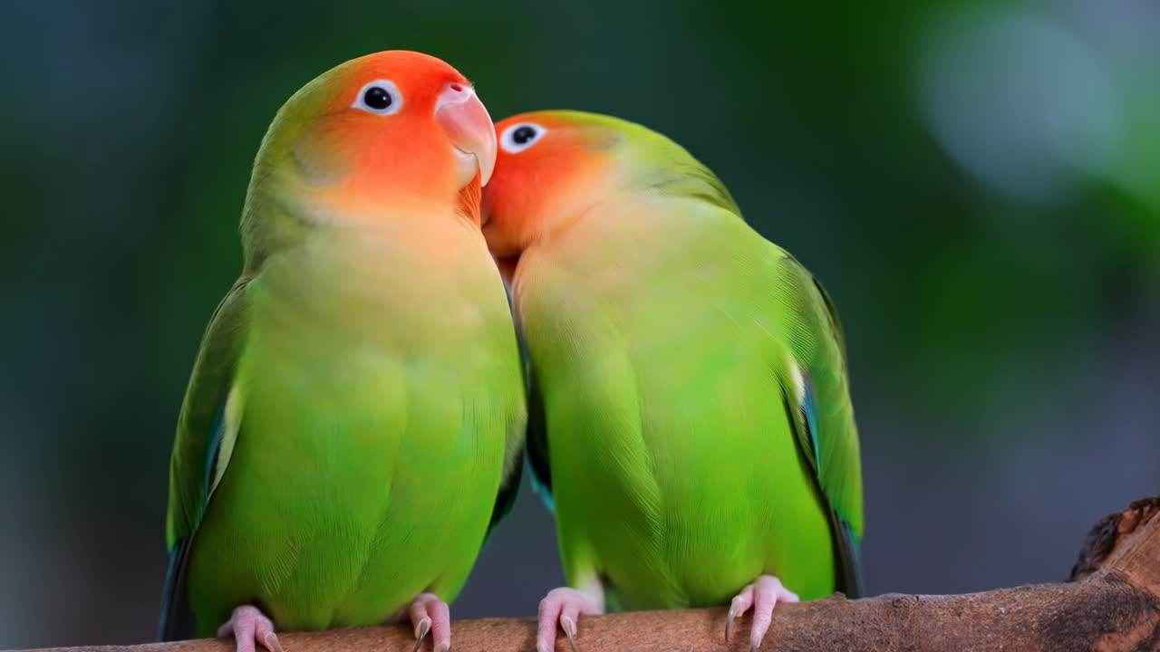 Dois agapornis empoleirados em um galho, uma dupla vibrante de papagaios-de-cara-rosada acariciando os bicos, em um momento de carinho íntimo, com bokeh suave.