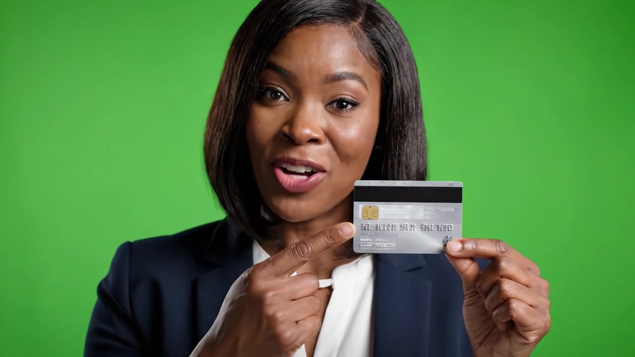 A confident woman showcases her credit card against a vibrant green background, emphasizing financial empowerment and the use of modern payment methods.